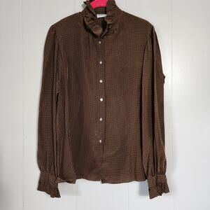 Vintage Gloria Sachs Ruffle Romantic Academia Button Houndstooth Silk Blouse L